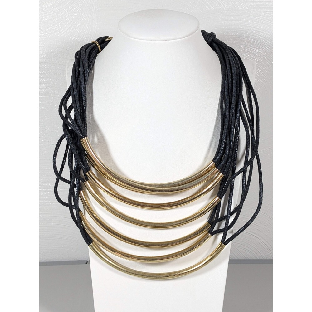 Gold Tone Curved Bar Black Cord Layered‎ Bib Statement Necklace 18 inches